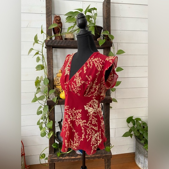 Helium: Red V Neck Top with Lace Trim - Picture 13 of 17